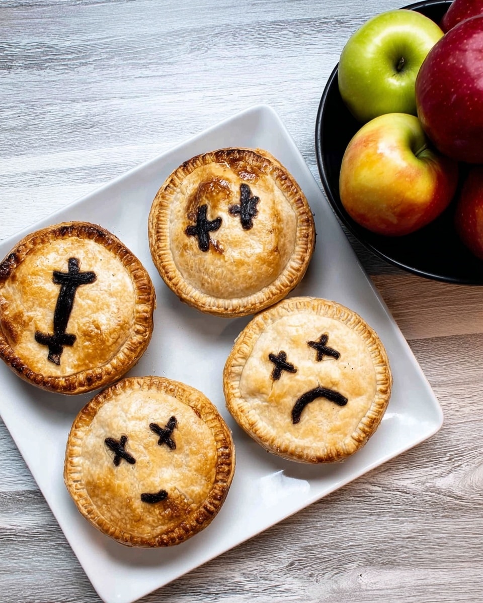 Four round pies with golden brown crusts sit on a white square plate, arranged in a 2 by 2 grid. Each pie has a slightly crimped edge and unique black icing faces on top: the top left pie shows two crossed lines for eyes and a straight line for the mouth, the top right pie has crossed bones forming an X, the bottom left pie displays two crossed bones and dots, and the bottom right pie has crossed eyes and a slightly curved mouth. To the upper right of the plate, there is a black bowl filled with shiny red and yellow apples. The plate and bowl rest on a white marbled surface that mimics wood texture. photo taken with an iphone --ar 4:5 --v 7