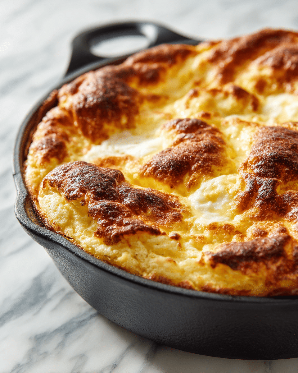 The dish is a Dutch baby pancake baked in a black cast iron skillet, showing one large thick layer with a golden brown, slightly crisp, and puffed edge that curls up along the sides. The center is softer and lighter yellow with visible browned spots and has slices of baked apple peeking through. The top is lightly dusted with white powdered sugar, adding a touch of texture and contrast. The skillet sits on a white marbled surface. photo taken with an iphone --ar 4:5 --v 7