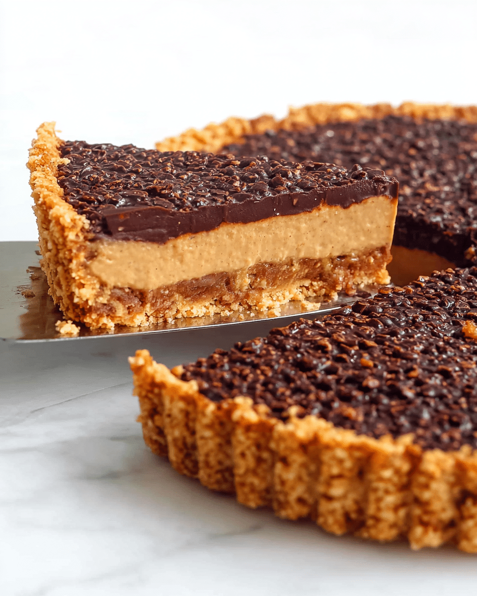 A close-up image of a two-layer tart on a white marbled surface, with a crumbly golden brown crust forming the base and sides, and a thick, textured dark brown chocolate and puffed rice topping covering the entire surface on top. The crust shows a rough, uneven edge giving a homemade look, while the crunchy topping appears glossy and tightly packed. Photo taken with an iphone --ar 4:5 --v 7