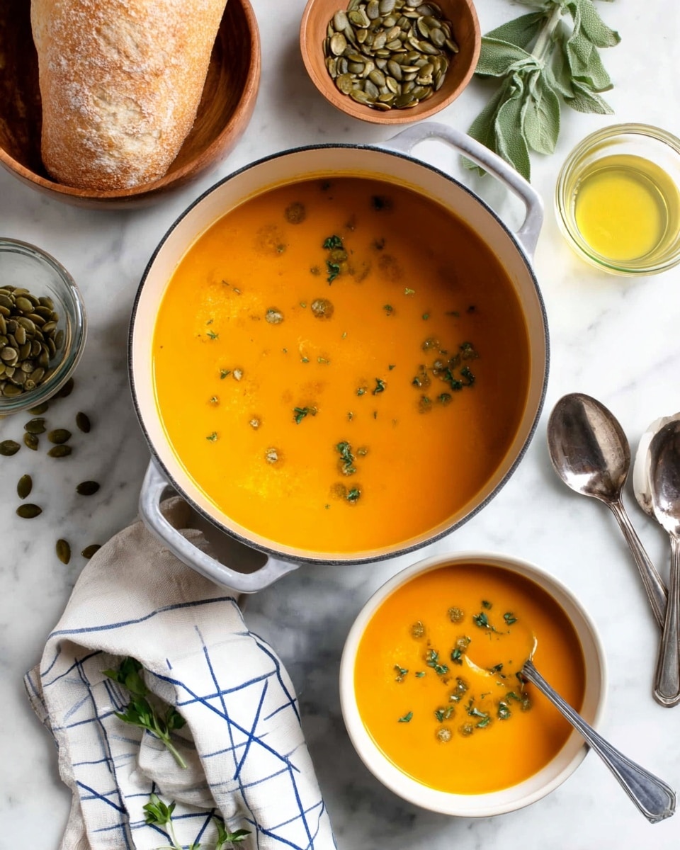 The image shows a white pot filled with smooth orange soup, topped with small pieces of green herbs scattered across the surface. Next to it is a white bowl also filled with the same soup, with a silver spoon resting inside. The pot and bowl sit on a white marbled surface. Around them are elements like a wooden bowl filled with green pumpkin seeds, a sprig of fresh green leaves, a glass container with a yellow liquid, two silver spoons, a loaf of bread, and a white cloth with a blue square pattern. photo taken with an iphone --ar 4:5 --v 7