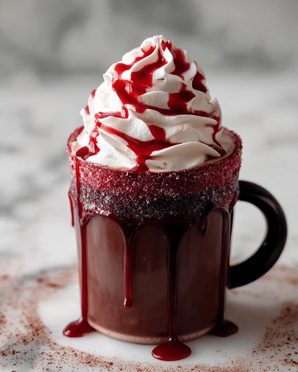 A dark brown cup filled with hot chocolate sits on a white marbled surface dusted with cocoa powder. The cup's rim is coated with a textured red and purple sugar crust, with thick red syrup dripping down the sides. On top, there is a tall, swirled layer of white whipped cream drizzled with more red syrup. Wisps of steam rise from the whipped cream, showing the drink's warmth. Photo taken with an iphone --ar 4:5 --v 7