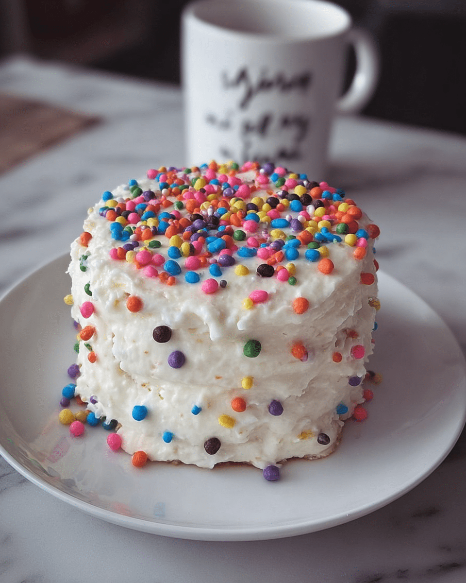 A small, round cake with one visible cream layer is fully covered in thick, white frosting that appears soft and slightly uneven. The top and sides of the cake are decorated with small, colorful candy pieces in bright shades of blue, pink, red, yellow, green, orange, purple, and black, scattered loosely, giving a playful, festive look. The cake sits on a white plate placed on a white marbled surface, and there is a blurred white mug with handwritten text in the background. photo taken with an iphone --ar 4:5 --v 7