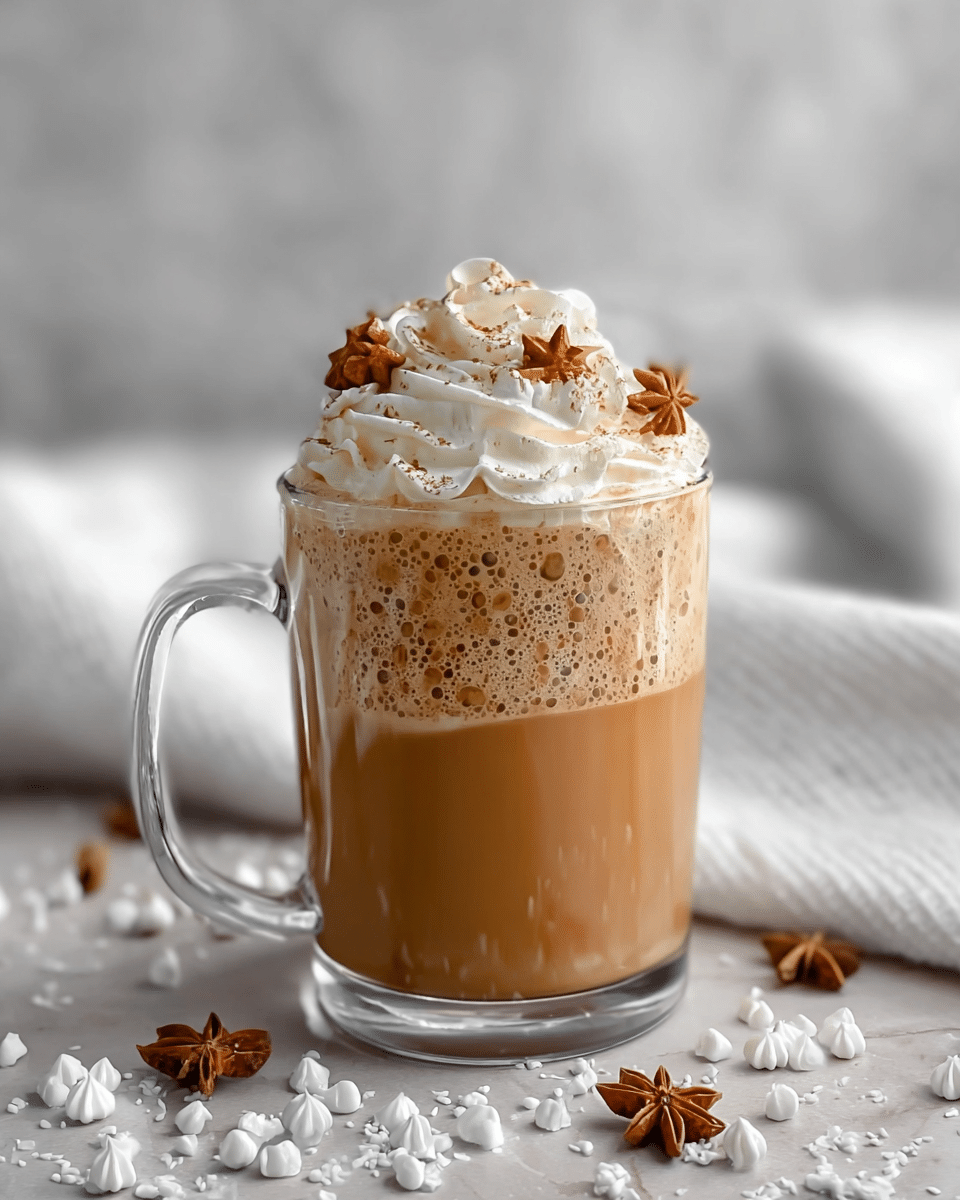 The image shows a clear glass mug filled with a three-layered iced coffee drink. The bottom layer is a smooth, creamy light brown coffee base. Above it, a foamy coffee layer with a slightly darker brown color and some ice bubbles floats, creating a fizzy texture. The top layer is a swirl of white whipped cream sprinkled generously with brown cinnamon sticks and star-shaped cinnamon pieces. The mug sits on a white marbled surface scattered with small white meringue drops and more cinnamon decorations. In the background, a soft white fabric adds a cozy feel. photo taken with an iphone --ar 4:5 --v 7