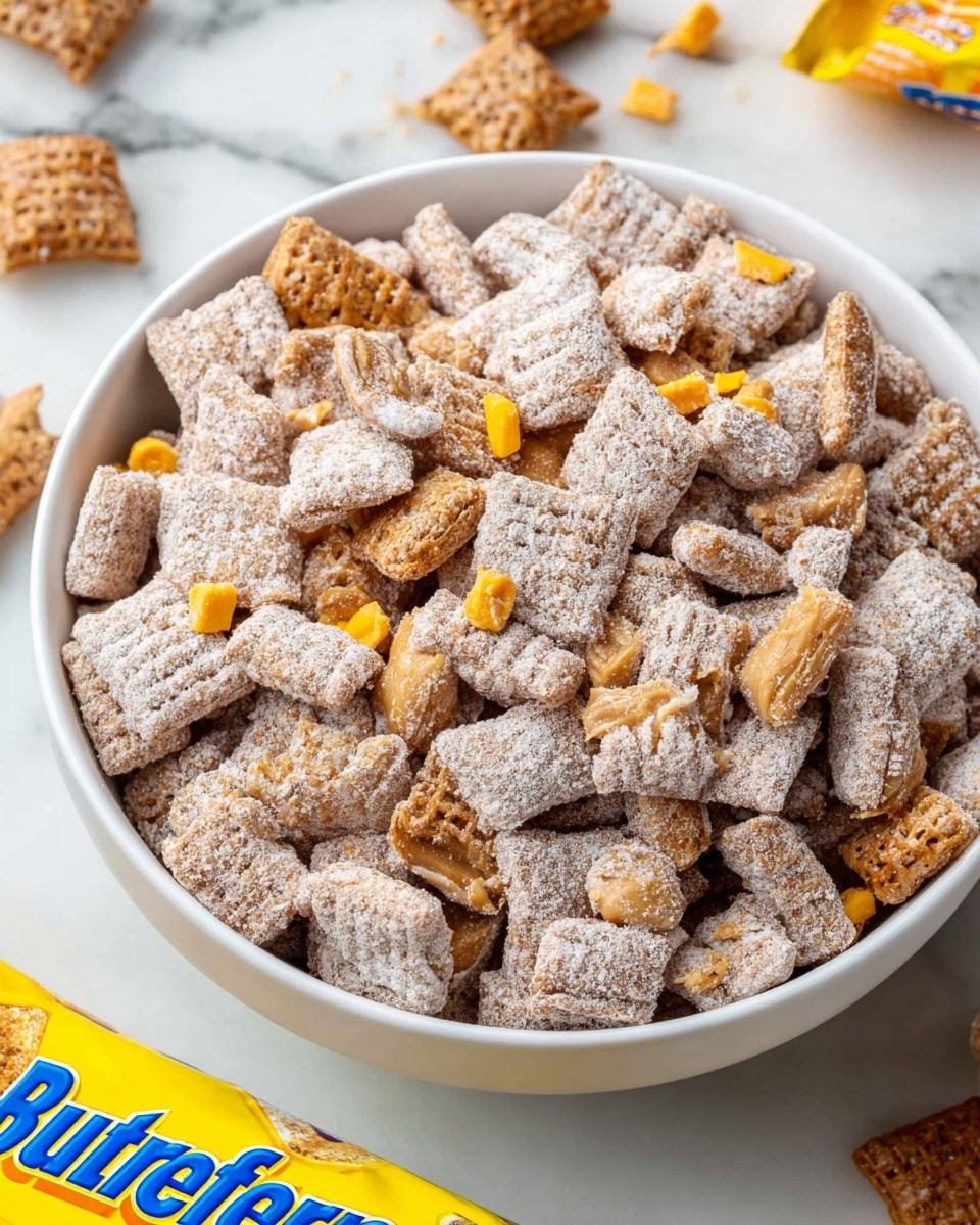 A white bowl filled with a mix of small, square, light brown cereal pieces covered in a powdered sugar coating, with scattered chunks of orange peanut butter candy mixed in. The cereal has a rough, crunchy texture, and some pieces are turned at different angles, showing both flat tops and textured sides. The bowl is placed on a white marbled surface with a yellow and blue Butterfinger candy bar wrapper partially visible in the lower part of the image, adding a bright color contrast. Photo taken with an iphone --ar 4:5 --v 7