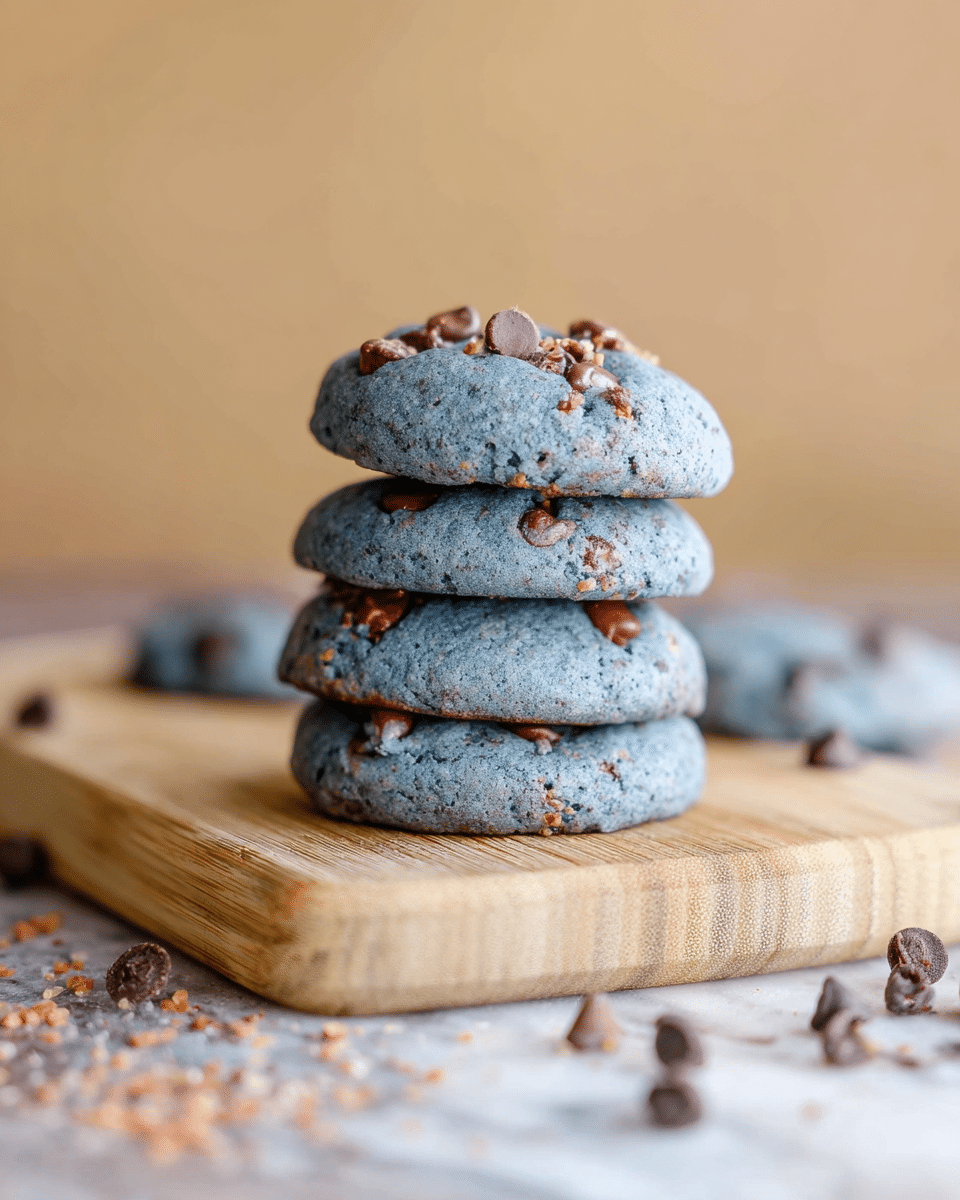 A stack of four thick, soft blue cookies with small melted brown chocolate chips baked inside, placed on top of each other on a light wooden cutting board. The cookies have a slightly rough texture with chips scattered unevenly throughout and on the surface. Around the board and in the background, more chocolate chips are scattered, with a blurred warm beige background behind. The cutting board sits on a surface with a white marbled texture. photo taken with an iphone --ar 4:5 --v 7