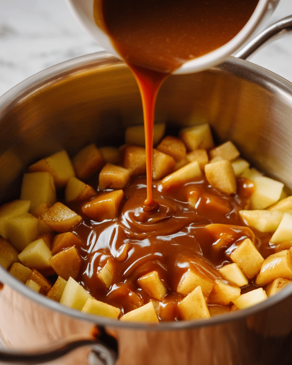 A close-up view of a stainless steel pot filled with diced apple pieces in light yellow and golden brown shades, showing a soft texture. A glossy caramel sauce with a rich brown color is being poured from a white cup above, flowing smoothly over the apple chunks and pooling in the center. The background is a white marbled texture, and the pot’s shiny surface reflects warm light. photo taken with an iphone --ar 4:5 --v 7