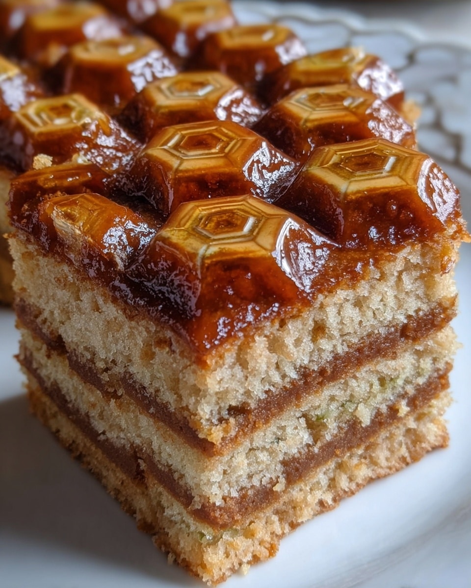 The image shows a close-up of a layered cake cut into square pieces with hexagonal shapes on top. The cake has three visible sponge layers in a light golden-brown color, separated by thin, darker brown filling layers. The top layer has a shiny caramelized glaze with hexagon shapes that have a slightly darker edge and a glossy amber center, adding texture and depth. The cake rests on a white plate, with a bit of the white marbled texture surface visible in the background. photo taken with an iphone --ar 4:5 --v 7