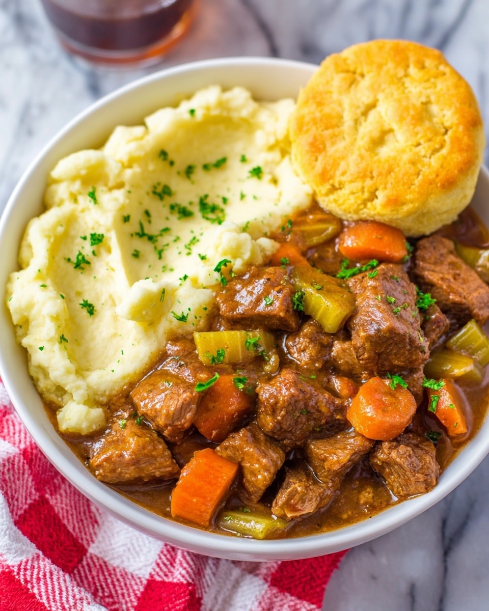 A white bowl is filled with three main layers arranged side by side: creamy mashed potatoes on the left, smooth and white with a slightly fluffy texture; a golden yellow biscuit resting partially on the mashed potatoes, round and soft-looking with small dimples on its surface; and a rich beef stew covering the right side of the bowl, consisting of brown chunks of beef, bright orange carrot slices, and pale green celery pieces, all coated in a glossy brown sauce and sprinkled with small green parsley bits. The bowl sits on a white marbled surface with a red and white checkered cloth partially visible underneath. Photo taken with an iphone --ar 4:5 --v 7