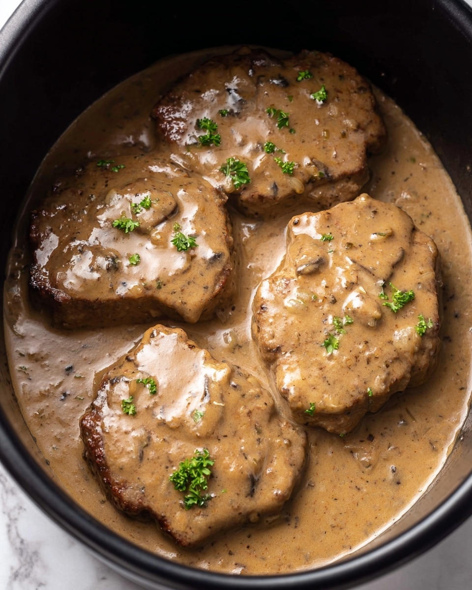 The image shows four pieces of browned meat covered in thick, creamy light brown gravy with small bits of mushrooms or spices visible. The meat pieces are arranged in a single row inside a black pot, and they are sprinkled with small green parsley leaves for garnish. The sauce is smooth and glossy, filling the pot around the meat. The background has a soft white marbled texture. photo taken with an iphone --ar 4:5 --v 7