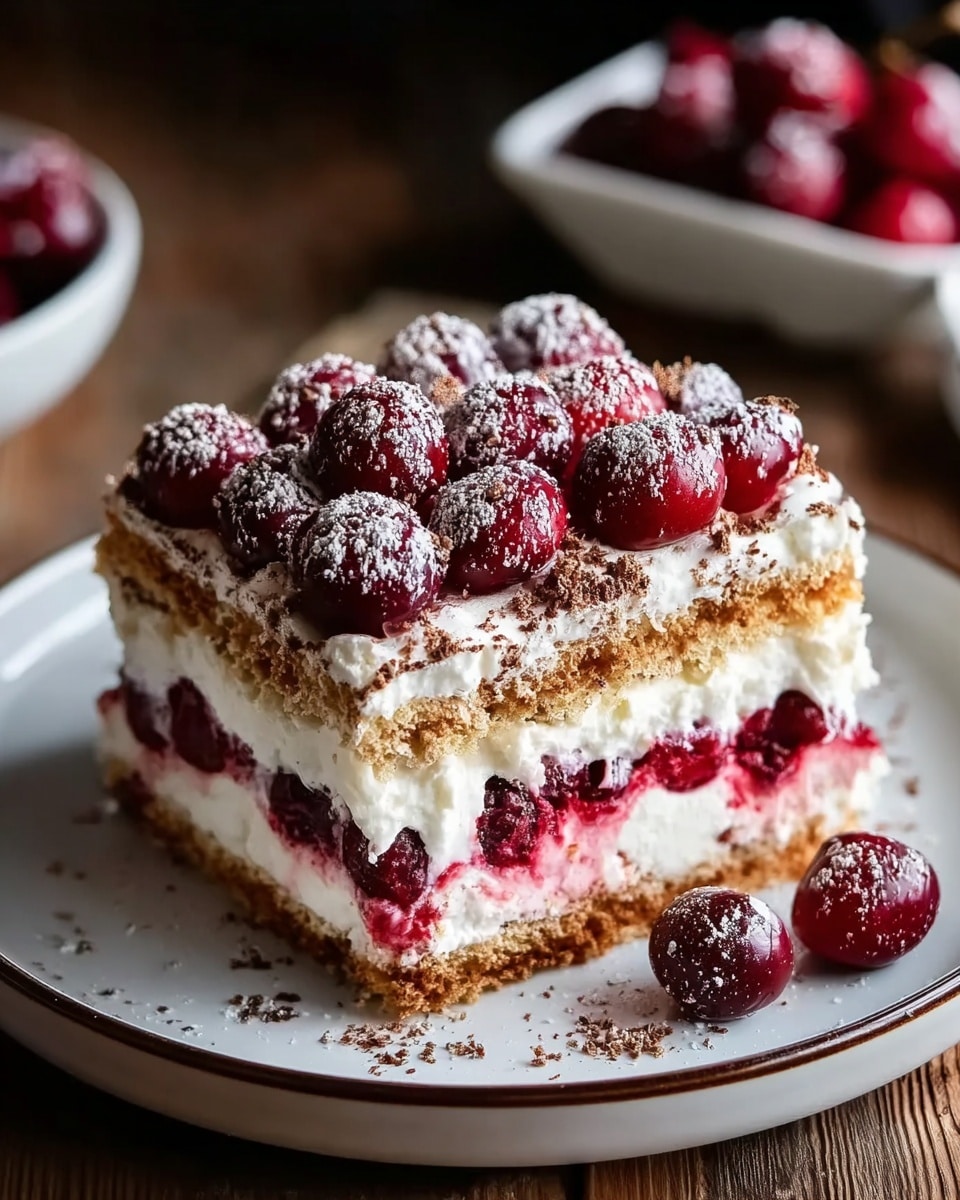 A square slice of layered dessert sits on a white plate with a thin dark rim, placed on a wooden table. The dessert has three main layers: the bottom and middle are light brown sponge cake soaked slightly, separated by a thick creamy white layer with hints of light pink or red, likely from berry sauce. Above the middle cake layer is another thick white cream layer topped generously with whole bright red cherries dusted with white powdered sugar and a sprinkle of dark brown cocoa or chocolate powder. A few cherries rest on the plate around the dessert, adding a fresh touch. The background shows a blurred white dish with cherries and a wooden surface beneath. photo taken with an iphone --ar 4:5 --v 7