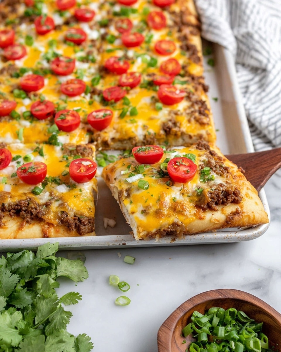 A slice of layered pizza is being lifted from a white baking tray set on a white marbled surface. The pizza has a thick crust base with a layer of browned ground meat spread evenly underneath a generous layer of melted yellow cheese mixed with bits of green herbs. On top, bright red cherry tomato halves and chopped green onions are scattered. The pizza is cut into rectangular slices with one slice pulled away, showing the stretchy melted cheese. Near the tray, a wooden bowl contains chopped green herbs and fresh cilantro leaves rest on the surface nearby. photo taken with an iphone --ar 4:5 --v 7