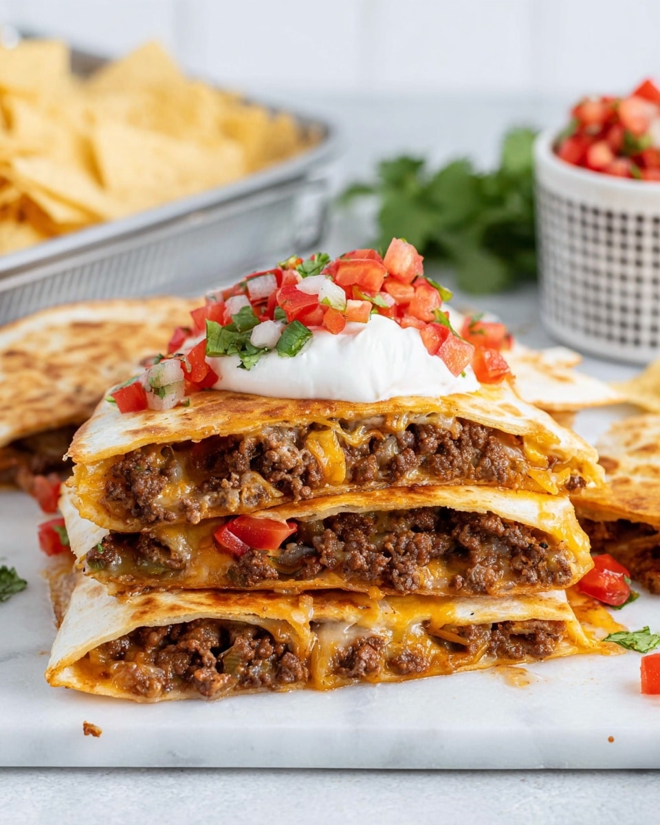 A stack of three thick quesadilla slices is shown on a white marbled surface, with the bottom slice resting flat and the other two slightly angled on top. Each slice has a golden-brown outer shell with visible melted cheese, cooked ground beef, and small pieces of red tomatoes inside, creating a layered, textured look. The top slice is adorned with a dollop of white sour cream and sprinkled with diced red tomatoes, white onions, green peppers, and small green cilantro leaves for a fresh touch. In the background, there are light-colored tortilla chips, a white cup with a grid pattern holding a white creamy dip, and a small bowl with diced tomatoes, all placed on the white marbled surface. photo taken with an iphone --ar 4:5 --v 7