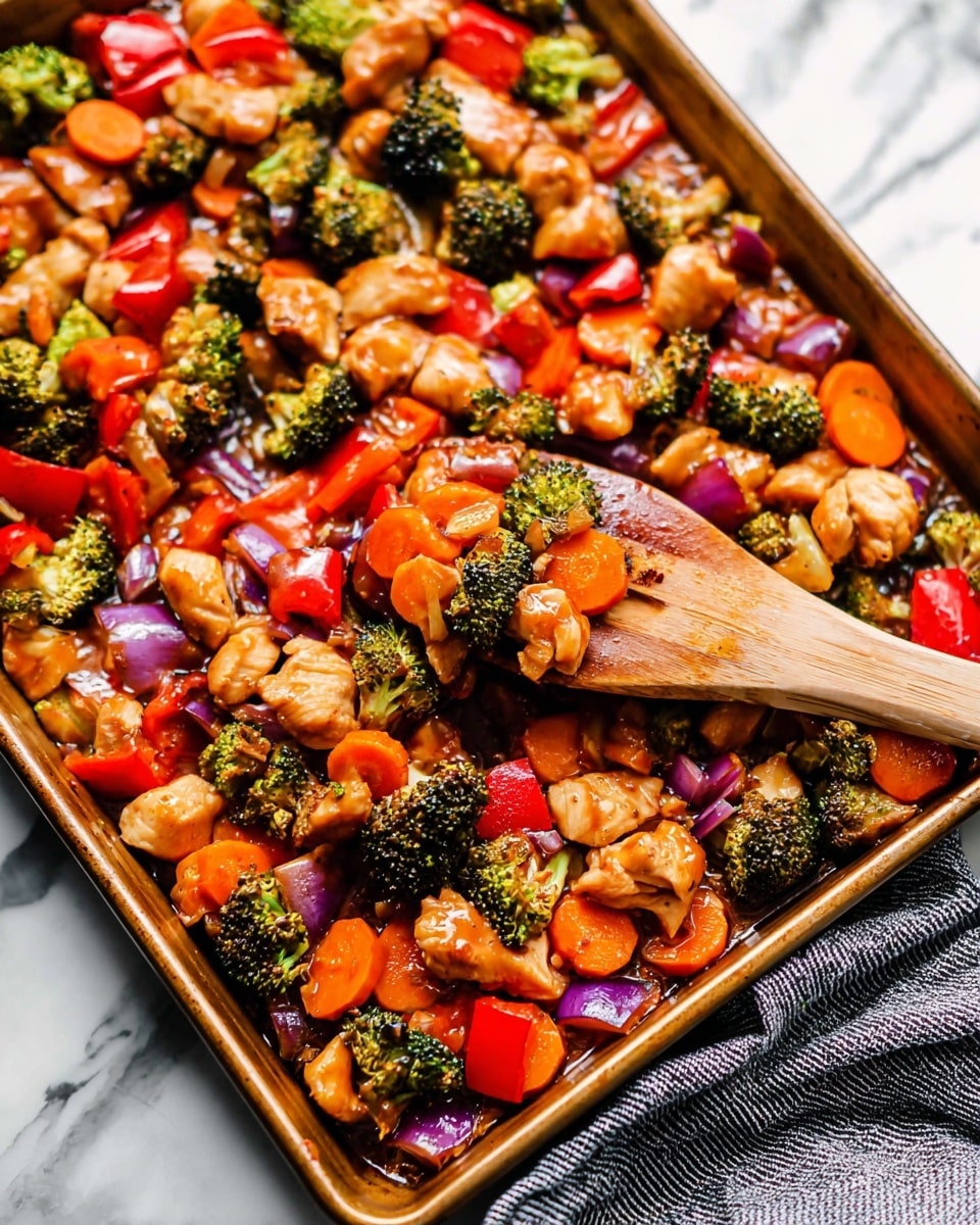 A close-up of a baking tray filled with a colorful mix of cooked vegetables and chicken pieces in a glossy sauce. The dish has roughly three main layers: the base layer is a mix of small broccoli florets in dark green and red bell pepper chunks with a glossy red finish. The middle layer is made up of round, bright orange carrot slices and small pieces of light brown chicken. The top layer shows diced purple onions adding a touch of color contrast. A wooden spatula is lifting some of the mix from the tray. The tray is placed on a white marbled surface with a grey striped fabric partially visible. photo taken with an iphone --ar 4:5 --v 7