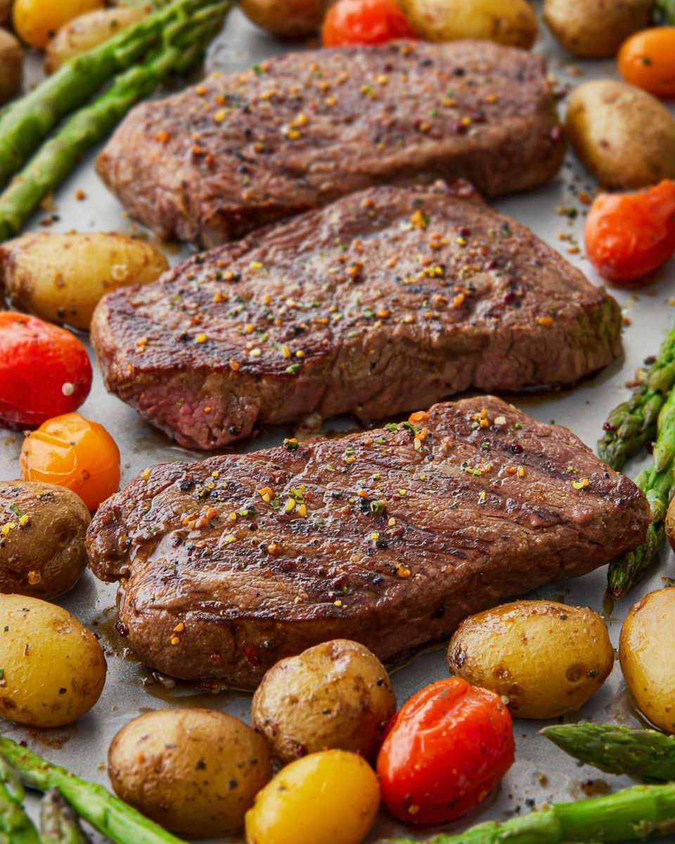 Three cooked steak pieces with a brown grilled texture and sprinkled with coarse black and yellow pepper grains are laid out on a flat surface. Around them are small fingerling potatoes in golden brown and light yellow colors, bright green asparagus spears, and small orange and red cherry tomatoes, adding vibrant color contrast. The surface beneath is light gray. The focus is on the juicy meat and vegetables, showing a fresh and hearty meal. Photo taken with an iphone --ar 4:5 --v 7