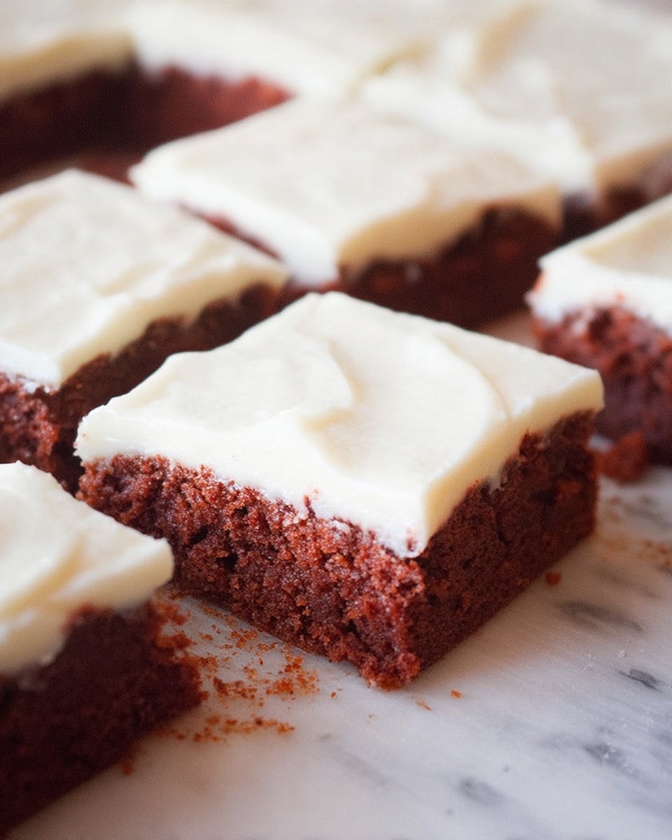 A close-up image of square chocolate cake pieces cut into neat squares. The cake has one visible layer: a thick, moist, dark brown base with a slightly crumbly texture. On top is a smooth, thick layer of creamy white frosting evenly spread across each piece, contrasting starkly with the dark base. The cake pieces are placed on a white marbled textured surface with a bit of crumbs and remnants of frosting around the edges where the cake has been cut, showing a soft and rich texture. Photo taken with an iphone --ar 4:5 --v 7