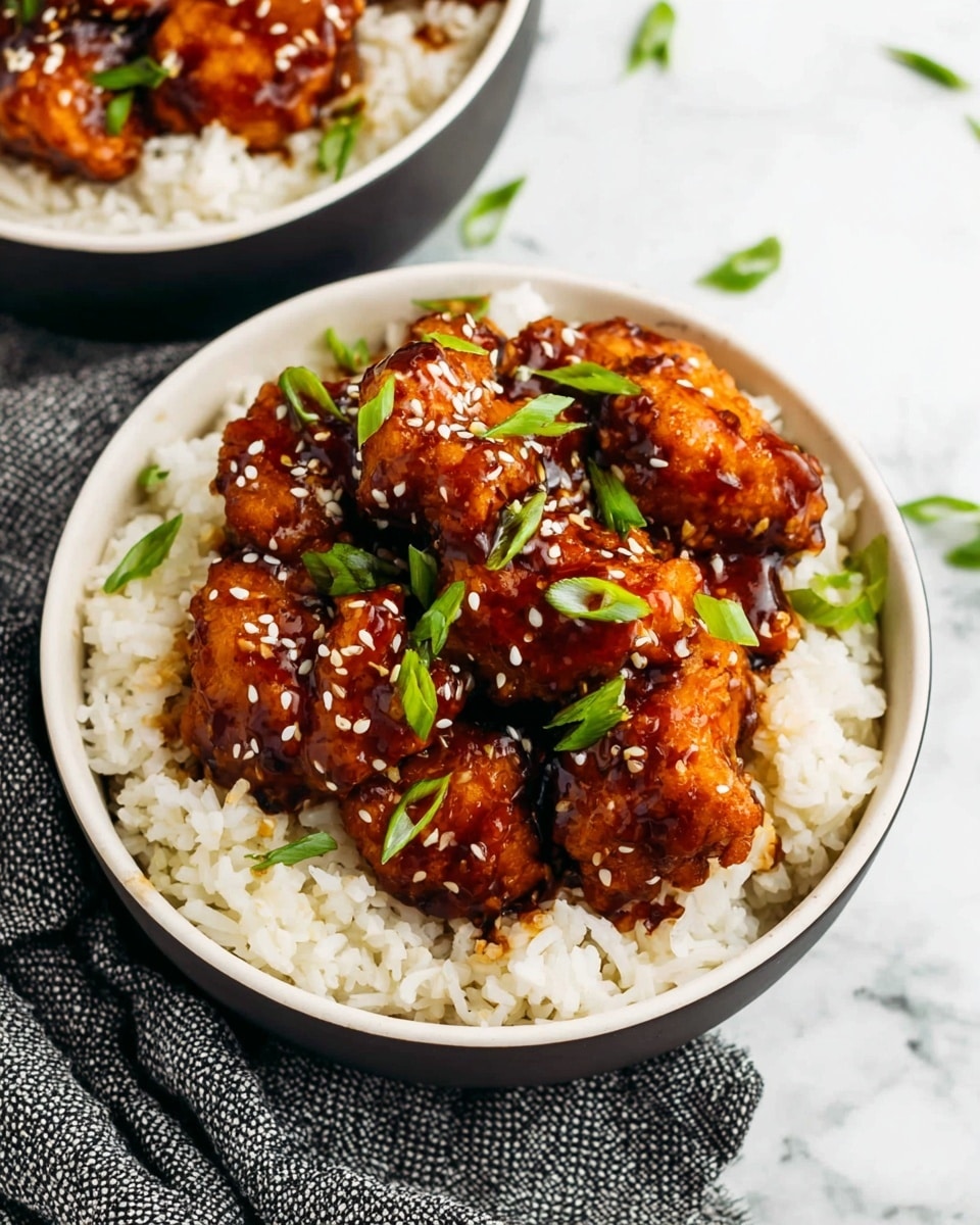 A white bowl filled with a base layer of fluffy white rice, topped with several pieces of golden-brown chicken coated in a thick, shiny dark brown sauce. The chicken pieces are sprinkled with white sesame seeds and chopped green onions, adding bright green and light beige color contrasts. The bowl is set on a white marbled surface, with part of a grey textured cloth visible to the side. Another similar bowl is partially visible in the background. photo taken with an iphone --ar 4:5 --v 7