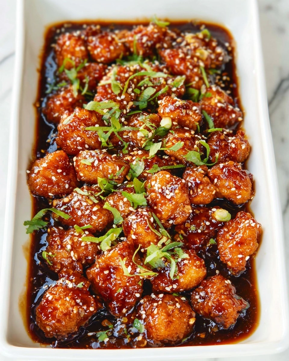 A white rectangular dish is filled with one layer of small, golden-brown fried chicken pieces coated in a thick, shiny dark brown sauce. The sauce pools around the pieces, creating a glossy texture. Scattered over the top are small white sesame seeds and chopped green onions, adding specks of white and vibrant green throughout the dish. The chair edges of the dish are clean but slightly stained with sauce, and the dish sits on a white marbled surface. photo taken with an iphone --ar 4:5 --v 7