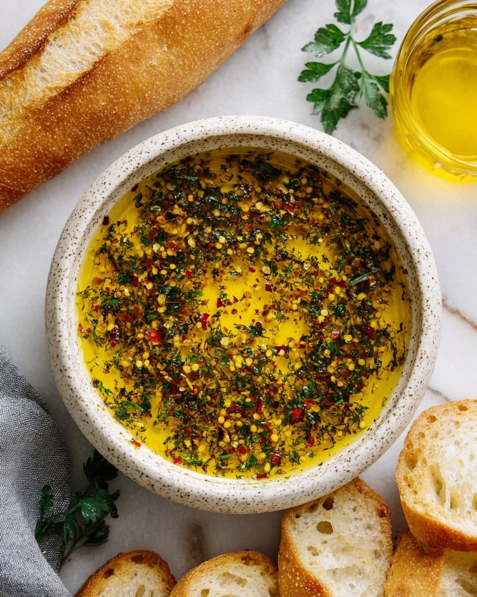 A speckled bowl filled with a golden-yellow olive oil mixture covered with herbs and small bits of garlic and chili flakes, showing green and red specks throughout the oil; the bowl sits on a white marbled surface surrounded by sliced pieces of crusty white bread with a golden crust, and a piece of a baguette is placed at the top of the image. There is a sprig of parsley near a grey cloth napkin on the left side, and a glass container with a yellow liquid is partially visible on the right. photo taken with an iphone --ar 4:5 --v 7
