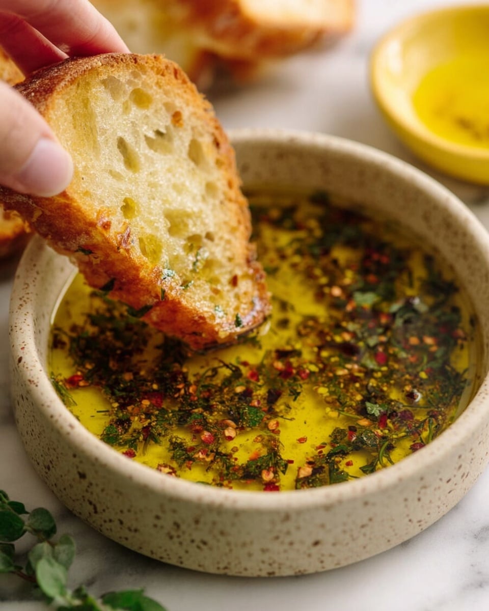 A woman's hand holding a piece of toasted bread with a golden brown crust and airy texture, dipping it into a speckled beige bowl filled with a clear golden oil mixed with green herbs and red chili flakes. The bowl sits on a white marbled surface, with some fresh green herbs partially visible at the bottom left corner. In the background, a blurred yellow bowl adds a pop of color. Photo taken with an iphone --ar 4:5 --v 7