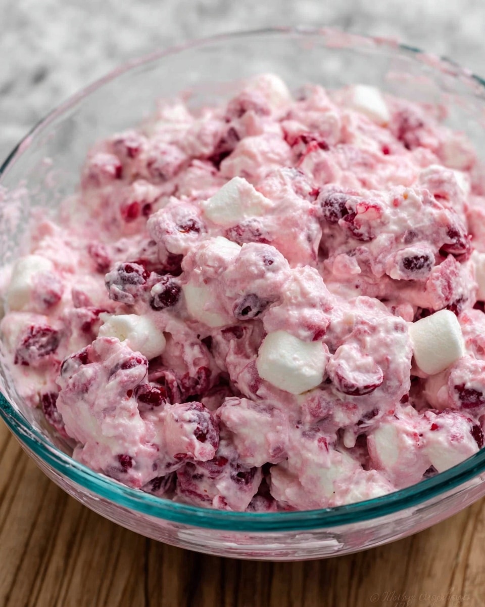 The image shows a close-up of a creamy salad with a thick, pink mixture as its base. Within the pink mixture, there are small, soft white chunks and bits of darker ingredients, creating a textured look. On top, there are whole fresh blueberries, cranberries, and several pecan nuts, adding a contrast of deep blue, red, and brown colors against the pink background. The dish is served in a white bowl, set against a white marbled surface that adds a clean and simple backdrop. photo taken with an iphone --ar 4:5 --v 7