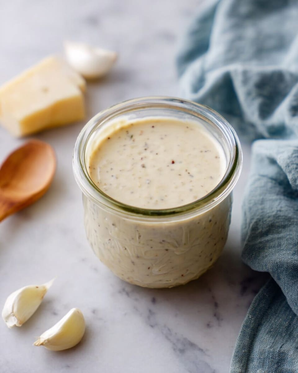 A glass jar filled with creamy, beige-colored sauce speckled with small black and brown bits, showing a smooth and slightly thick texture, sits on a white marbled surface. Around the jar are a few peeled garlic cloves, a chunk of pale yellow cheese, and a soft blue cloth casually draped nearby. The overall setup is simple, highlighting the sauce inside the jar. Photo taken with an iphone --ar 4:5 --v 7