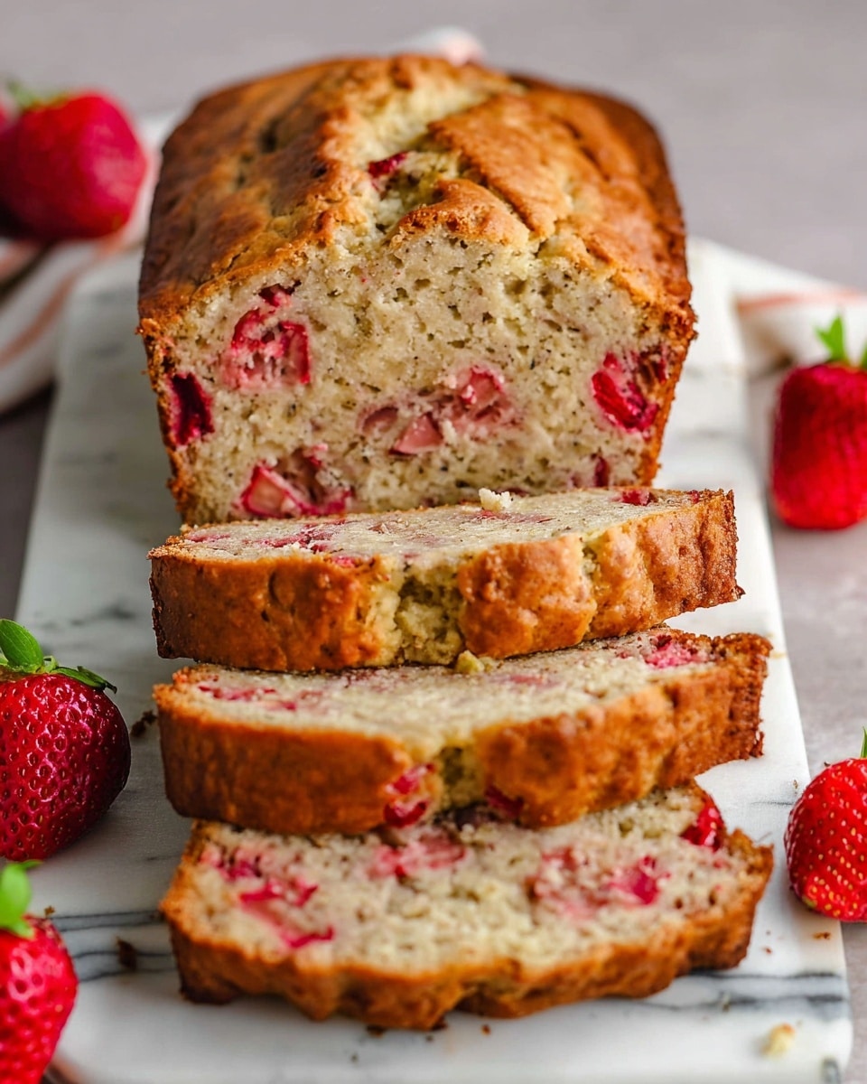 A loaf of strawberry bread is sliced into three thick pieces, showing its moist texture with visible pieces of bright red strawberries embedded within. The bread has a golden brown crust on top and around the sides. The strawberries inside add a pop of color, contrasting with the light tan crumb that appears soft and slightly crumbly. The loaf sits on a white marbled cutting board with some fresh strawberries scattered around it on a white marbled surface. Photo taken with an iphone --ar 4:5 --v 7