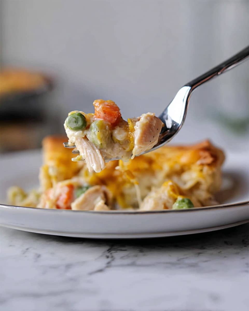 A close-up of a fork holding a bite of creamy chicken pot pie filling, showing white chunks of chicken, orange carrot pieces, green peas, and melted yellow cheese. In the background on a large white plate, a square slice of pot pie with a golden-brown crust sits atop more of the creamy filling. The surface under the plate is a white marbled texture. Photo taken with an iphone --ar 4:5 --v 7