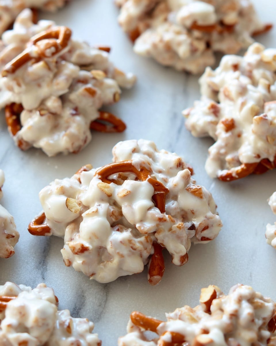 The image shows a close-up of several clusters of a white creamy mixture with embedded pretzel sticks and small bits of light-colored nuts, arranged on a white marbled surface. Each cluster is irregularly shaped, with the glossy white coating thickly covering the crunchy, reddish-brown pretzels and the pale nut pieces, giving a textured look that contrasts the smooth creamy layer with the crunchy centers. The clusters are spaced apart and appear freshly made, with soft lighting that highlights the creamy texture and the rough edges where the mixture has set. Photo taken with an iphone --ar 4:5 --v 7