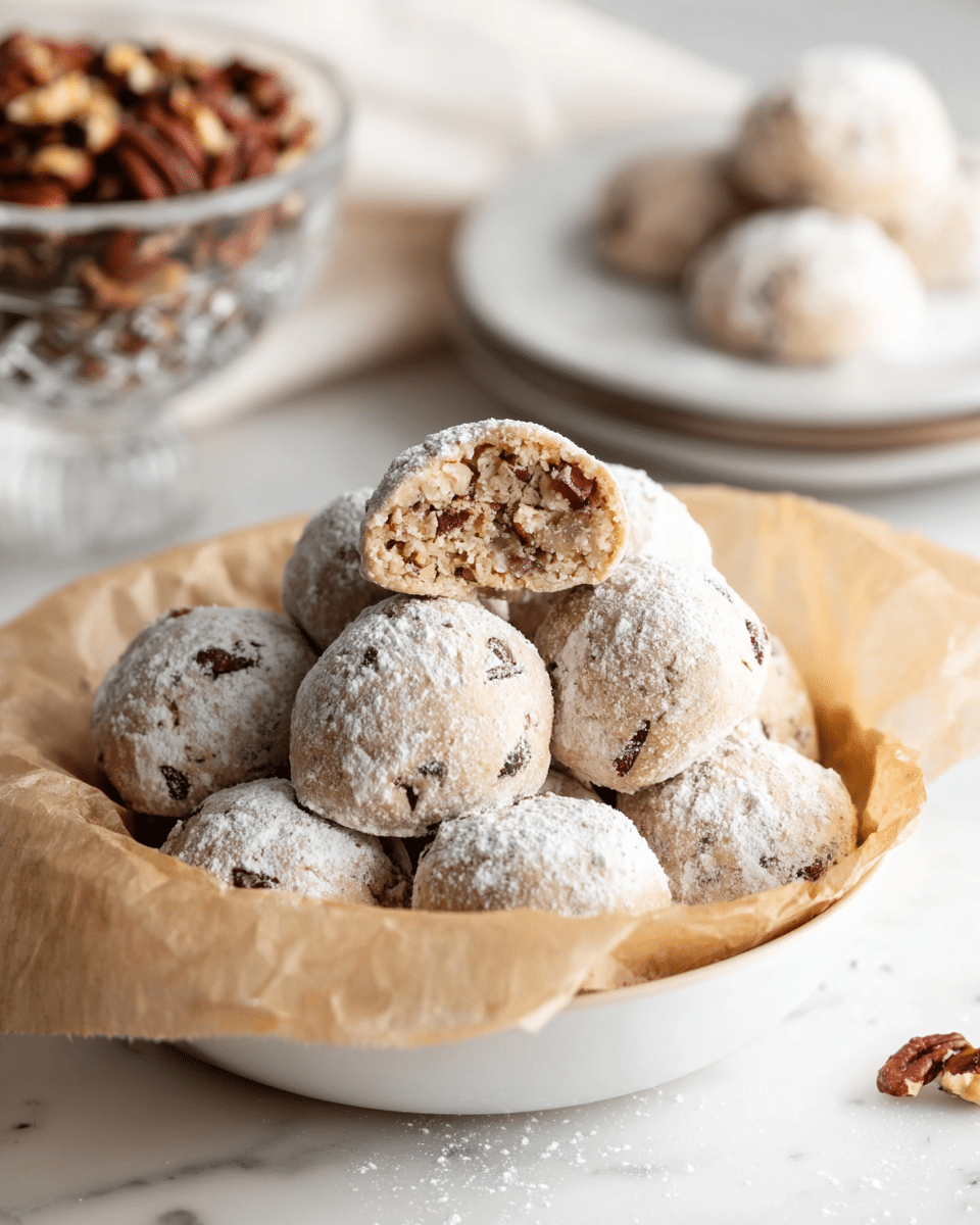 A bowl lined with crinkled parchment paper holds several round cookies covered lightly in powdered sugar, showing a pale beige color with small pieces of brown nuts embedded throughout. One cookie is cut in half and placed on top, revealing a dense, moist inside with chopped nuts spread evenly. The bowl sits on a white marbled surface, with a blurred background showing a glass bowl of nuts and a stack of white plates with another cookie on top. The overall look is soft and inviting, with natural light highlighting the texture and powdered sugar dusting. photo taken with an iphone --ar 4:5 --v 7