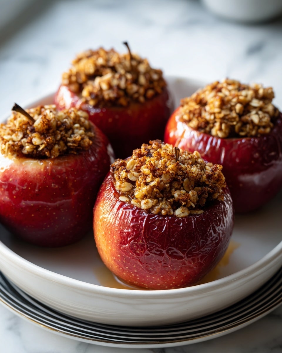 Four baked red apples with wrinkled, glossy skins are shown closely. Each apple is hollowed out on top and filled with a textured mixture of oats, nuts, and cinnamon, giving a brown, crumbly, and slightly sticky look. The filling is heaped above the apple edges. The apples are placed in a white dish with black lines underneath, all set on a white marbled surface. The lighting is soft, highlighting the moist and warm feel of the baked apples. photo taken with an iphone --ar 4:5 --v 7