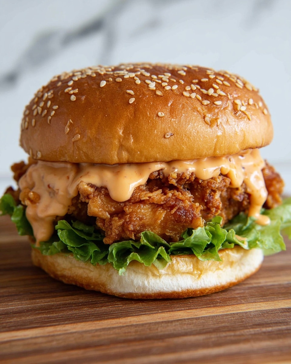 A close-up view of a fried chicken sandwich shows four layers: the top sesame seed bun in golden brown with a soft texture, a thick layer of creamy, light orange sauce slightly dripping down the sides, a crispy fried chicken piece with a crunchy dark golden brown coating, and a fresh green lettuce leaf at the bottom covering the white sandwich bun base. The sandwich sits on a wooden surface with a white marbled texture background. photo taken with an iphone --ar 4:5 --v 7