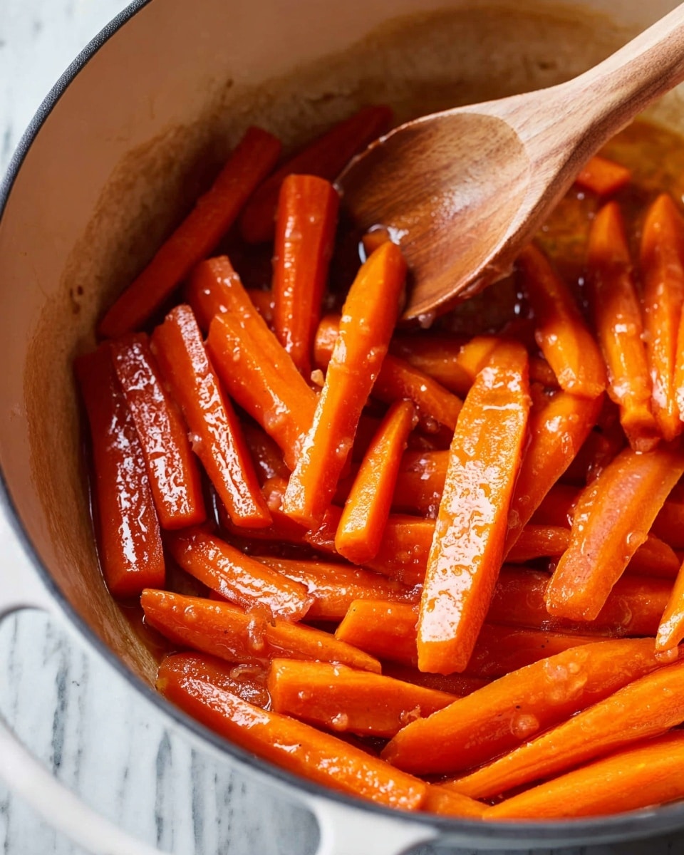 The image shows a close-up of cooked carrot sticks in a white pot with a light brown wooden spoon stirring them. The carrots are cut into long, thick strips, evenly coated with a shiny, orange glaze that looks sticky and smooth. The surface of the carrots shows a soft texture, and the glaze pools lightly around them creating a warm, wet look. The pot's interior is clean with some glaze marks on the sides, and the background has a white marbled texture. photo taken with an iphone --ar 4:5 --v 7