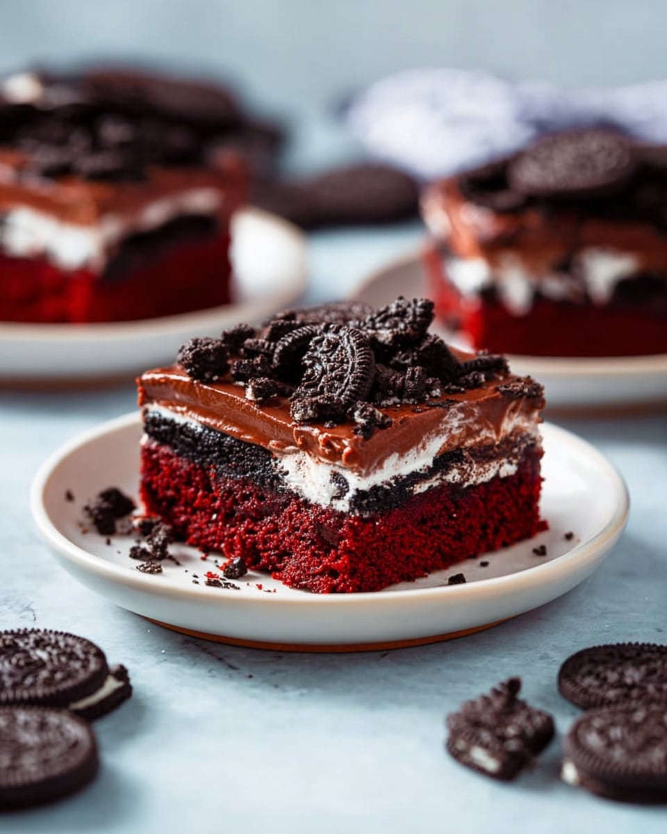 A close-up of a slice of cake held by a woman's hand shows four clear layers: the bottom layer is deep red with a slightly crumbly texture, the second layer is thick, dark chocolate, followed by a thin white creamy layer, and then another dark chocolate layer, topped with a thin chocolate frosting layer with a rich, slightly rough texture. The background is a soft blue, contrasting with the cake's vibrant colors. photo taken with an iphone --ar 4:5 --v 7