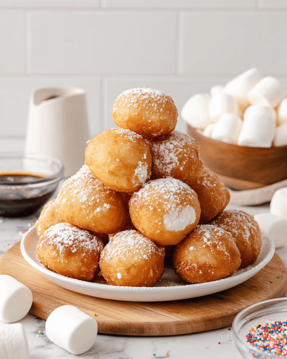 A close-up view of a pile of golden brown fried balls dusted lightly with powdered sugar, arranged on a white plate. The fried balls have a crispy, slightly uneven outer texture with a glossy golden color. One ball near the center is broken open, showing a soft, white cream filling oozing out. In the background, there is a wooden bowl with a white powder and a white cup filled with dark liquid, all set on a white marbled surface. photo taken with an iphone --ar 4:5 --v 7