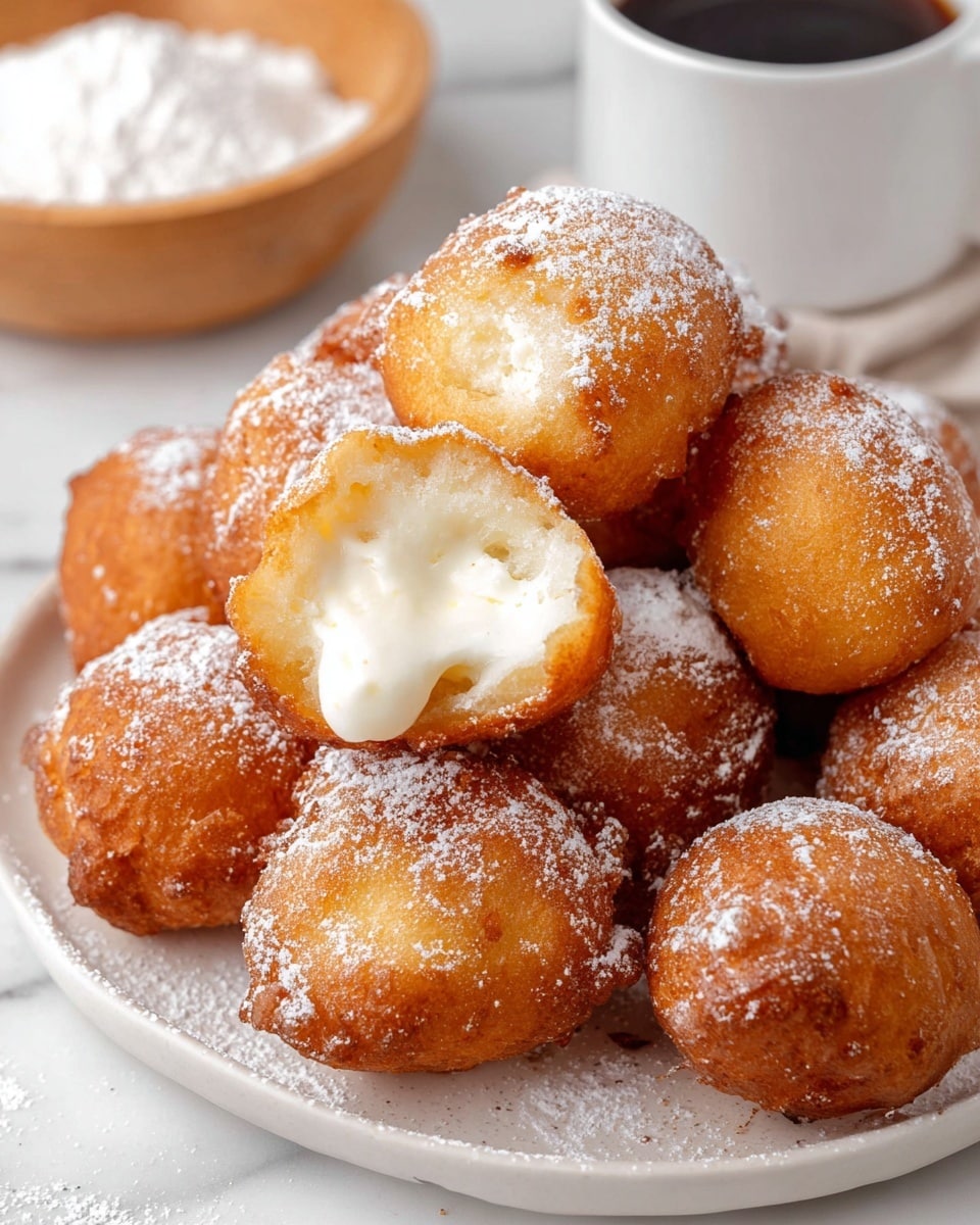A white plate holds a pyramid stack of ten golden-brown fried dough balls with a light dusting of powdered sugar on top, each ball having a smooth crispy texture with a few uneven spots and one with a small white cream or filling spot showing. The plate sits on a round wooden board placed on a white marbled surface. Around the plate, there are several large white marshmallows scattered and a wooden bowl filled with more marshmallows slightly blurred in the background. Also visible behind the plate are a small white jug with a dark sauce and a glass bowl containing colorful sprinkles. The scene is bright and clean with a tiled white wall background. photo taken with an iphone --ar 4:5 --v 7