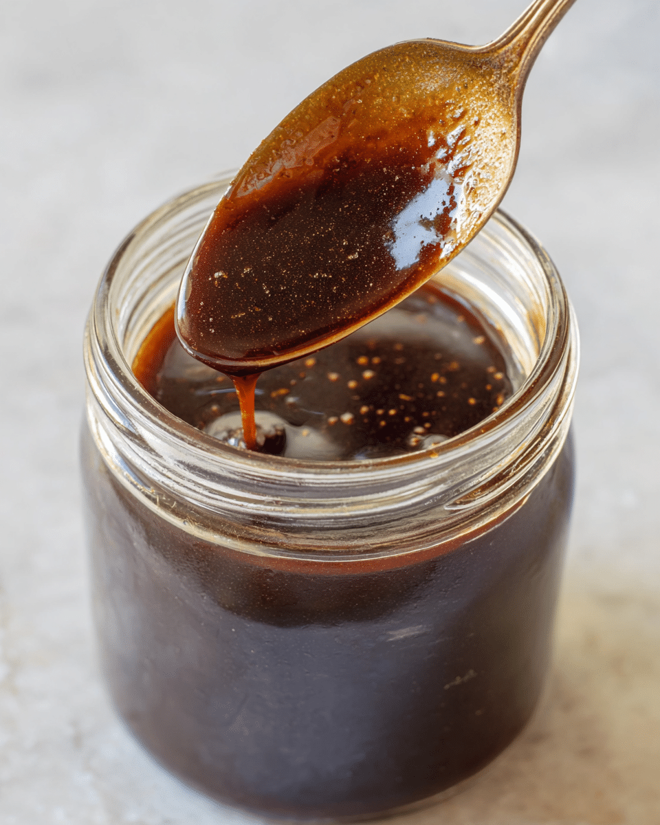 A clear glass jar filled almost to the top with thick, dark brown sauce showing smooth and glossy texture, with tiny bits floating inside. A tarnished metal spoon is lifted above the jar, covered in the same dark brown sauce with visible bits, the spoon showing some drips and sticky residue along its edges. The jar sits on a white marbled textured surface with soft natural light casting gentle shadows. photo taken with an iphone --ar 4:5 --v 7