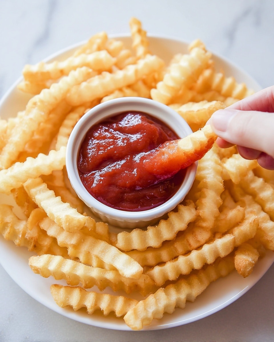 A white plate filled with many crinkle-cut fries that are light golden yellow with a soft texture. In the middle of the plate, there is a small white ramekin filled with bright red ketchup that looks thick and smooth. A woman's hand is holding one fry dipped in the ketchup, showing a good amount of ketchup coating the fry. The plate sits on a white marbled surface. photo taken with an iphone --ar 4:5 --v 7