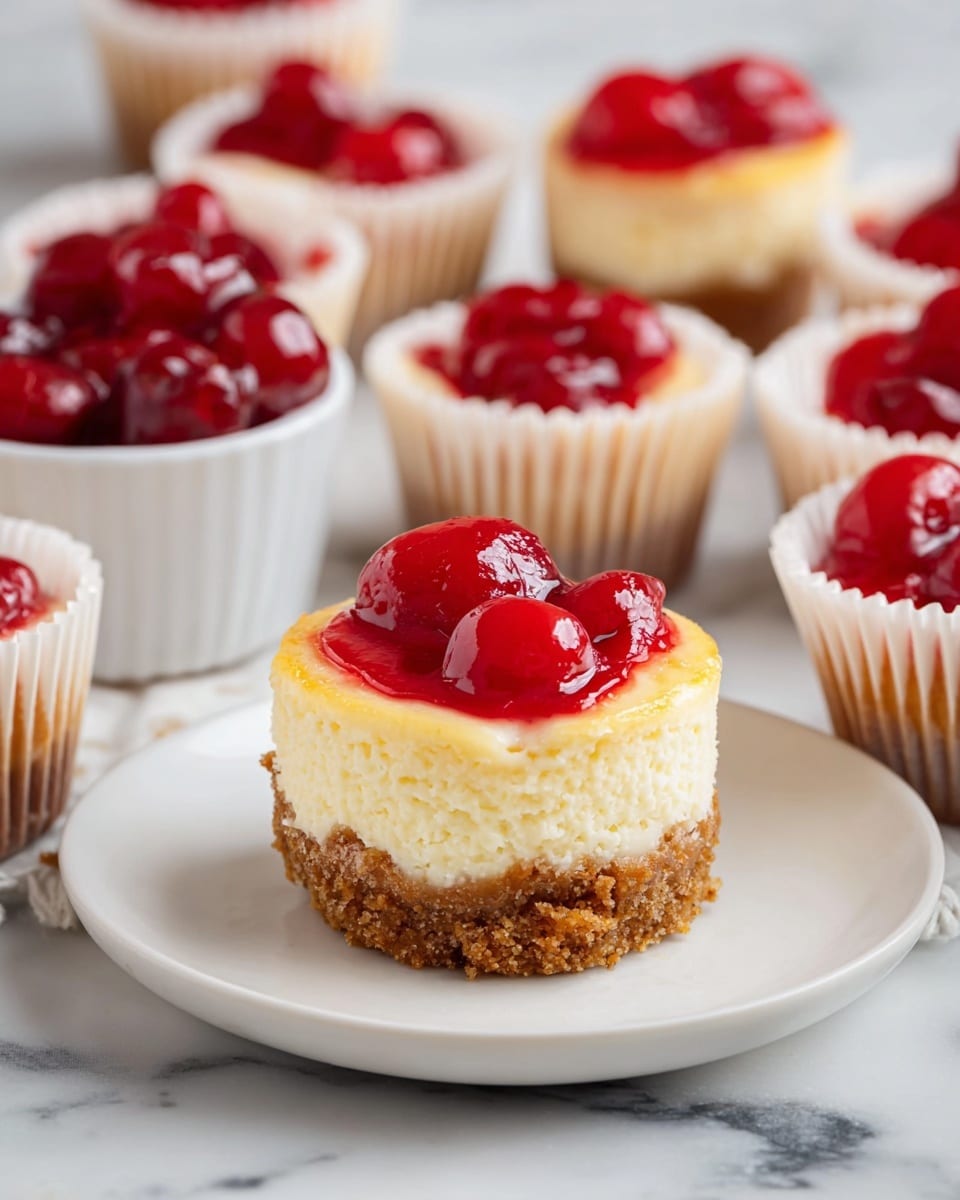 A mini cheesecake sits in the center on a white plate, showing three clear layers: a thick, golden-brown crumbly crust at the bottom, a creamy pale yellow cheesecake layer in the middle, and a shiny, bright red cherry topping with visible whole cherries and glossy glaze on top. Around the main cheesecake are several other mini cheesecakes, all in white paper liners, arranged on a white marbled surface, with one small white bowl filled with more cherry topping visible on the left side. Photo taken with an iphone --ar 4:5 --v 7
