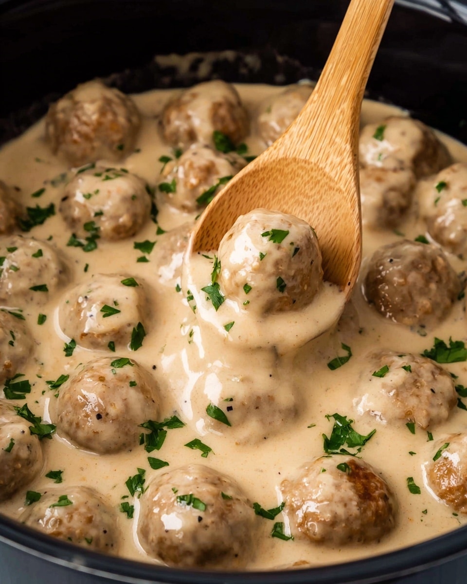 The image shows a close-up of many small round meatballs covered in a thick creamy beige sauce inside a black pot, with pieces of green herbs sprinkled on top. A wooden spoon lifts one meatball from the sauce, showing the smooth texture of the sauce and the round shape of the meatballs. The creamy sauce looks rich and slightly shiny, with some small specks of seasoning visible. photo taken with an iphone --ar 4:5 --v 7
