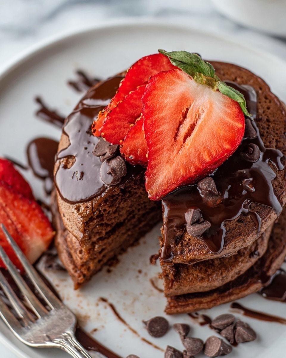A close-up of a stack of three thick, light brown chocolate pancakes with a soft, spongy texture, topped with a thick, glossy layer of dark chocolate sauce that drips over the sides. On top of the sauce, there is a bright red sliced strawberry fanned out, showing its juicy, seeded surface and green leafy top. The pancakes sit on a white plate with a fork and some chocolate chips beside it, placed on a white marbled surface. Photo taken with an iphone --ar 4:5 --v 7