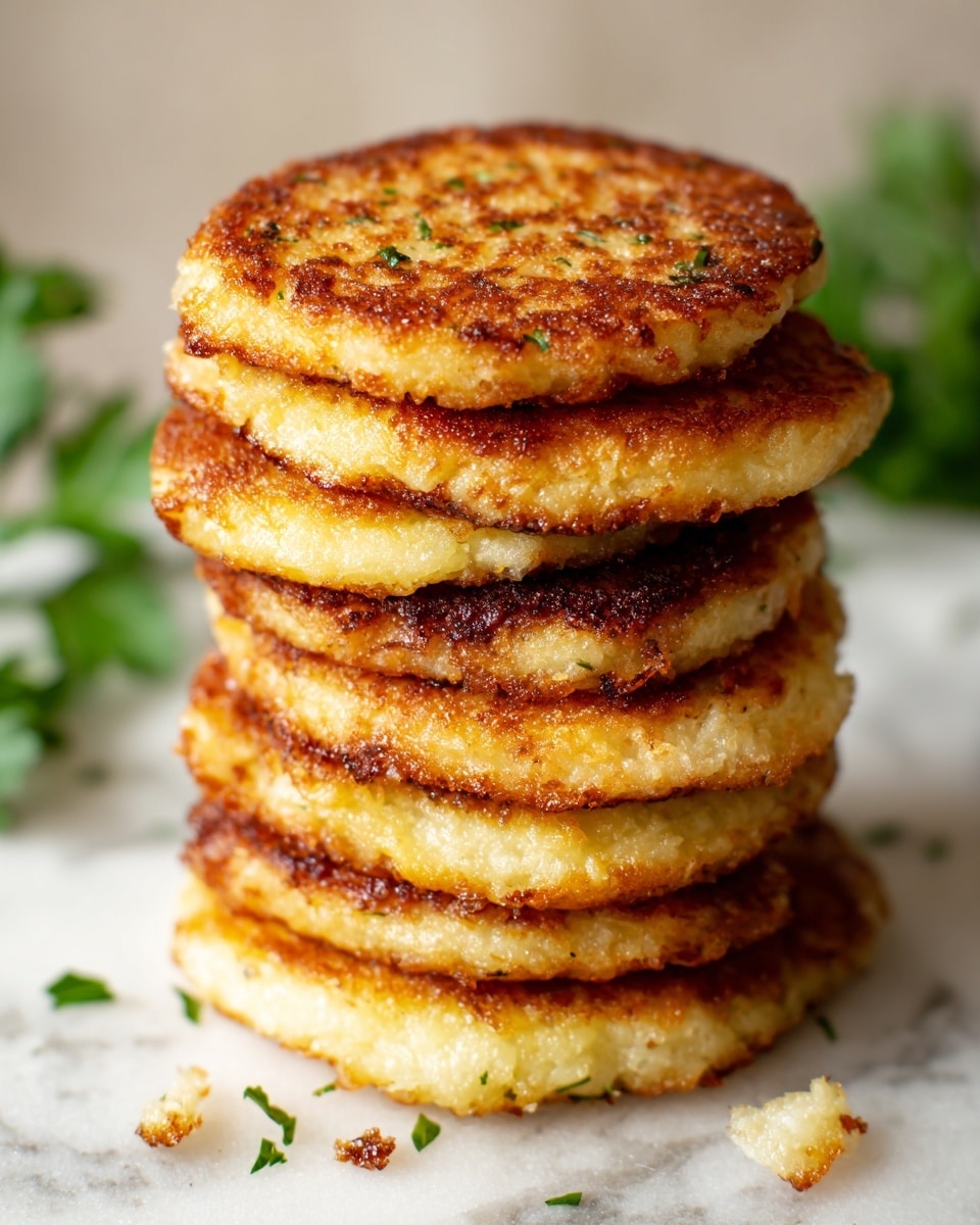 A stack of seven round, golden-brown potato pancakes with a crispy texture stands tall on a white marbled surface. Each pancake has uneven edges with a crunchy, browned exterior and a soft, light yellow interior showing through the sides. The pancakes are layered closely on top of each other with small crumbs scattered around the base, creating a warm, inviting appearance. The background is softly blurred with hints of green foliage. Photo taken with an iphone --ar 4:5 --v 7