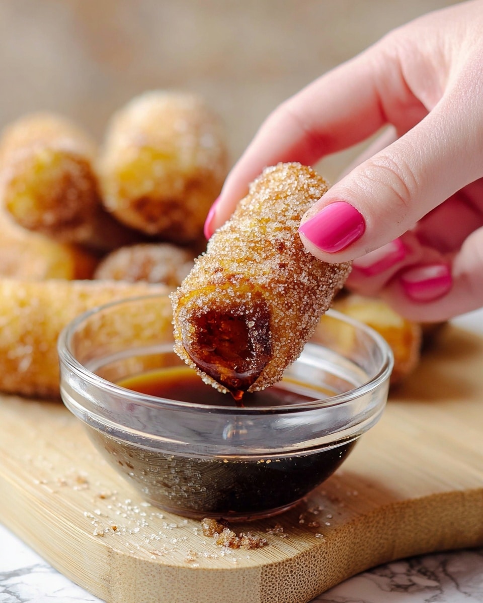 A woman's hand with pink nail polish is holding a small, cylindrical fried dessert covered in coarse sugar crystals, dipping it into a clear glass bowl filled with dark syrup. The dessert is golden brown with a rough sugar texture on the outside. In the background, more pieces of the same dessert are slightly blurred. The setup is on a light-colored wooden board with a white marbled texture beneath. photo taken with an iphone --ar 4:5 --v 7