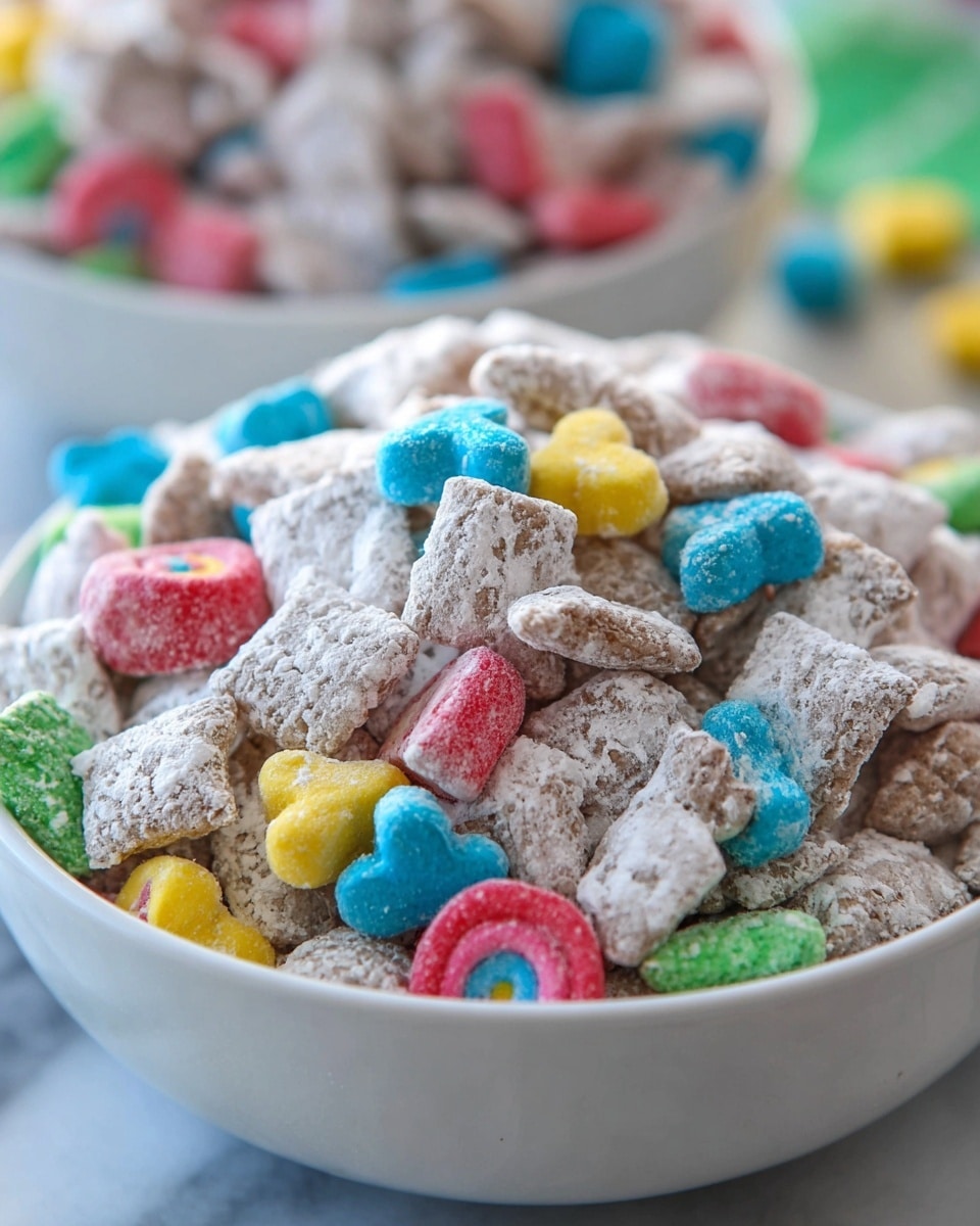 A close-up view of a large pile of snack mix inside a white bowl, filled mostly with small, roughly square pieces covered in white powdered sugar, creating a soft, powdery texture. Mixed in are colorful marshmallow shapes in vibrant colors like red, yellow, blue, green, and pink, including rainbows, hearts, and clovers, each with a smooth, slightly puffed texture. The bowl rests on a white marbled surface, with a soft focus on a second bowl filled with the same snack mix in the background. photo taken with an iphone --ar 4:5 --v 7