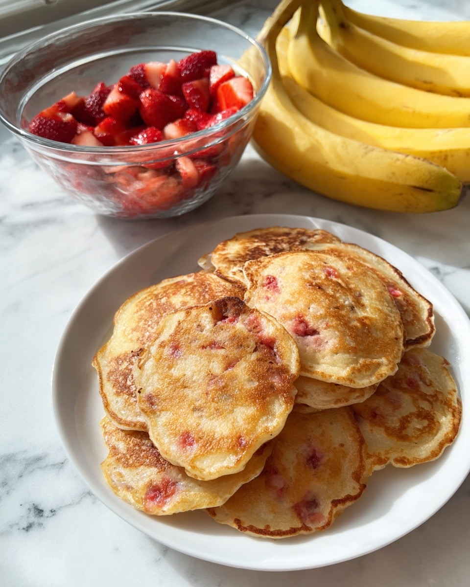 A white plate holds a stack of small golden-brown pancakes with slightly irregular edges, some showing bits of red fruit inside the batter, giving a spotted texture. The pancakes are layered closely, overlapping one another in the center and spreading out toward the edges of the plate. Behind the plate, a clear glass bowl with a white rim is filled with chopped red strawberries. On top of the bowl, a bunch of yellow bananas with a few dark spots rest partially covering the strawberries. The background is a white marbled surface with soft shadows and natural light coming from one side, creating a fresh and inviting breakfast scene. photo taken with an iphone --ar 4:5 --v 7