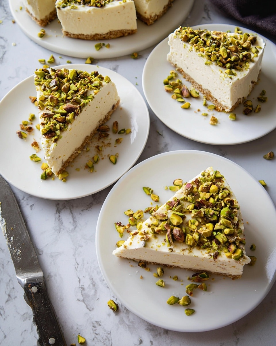 The image shows four white plates each holding a slice of creamy pistachio cheesecake. Each slice has two main layers: a light brown crushed biscuit base at the bottom and a thick, smooth, off-white cream cheese layer above it. The top layer is covered generously with chopped green pistachios scattered unevenly, some spilling onto the plates. The plates rest on a white marbled surface, and a knife is visible at the bottom right of the image. Photo taken with an iphone --ar 4:5 --v 7