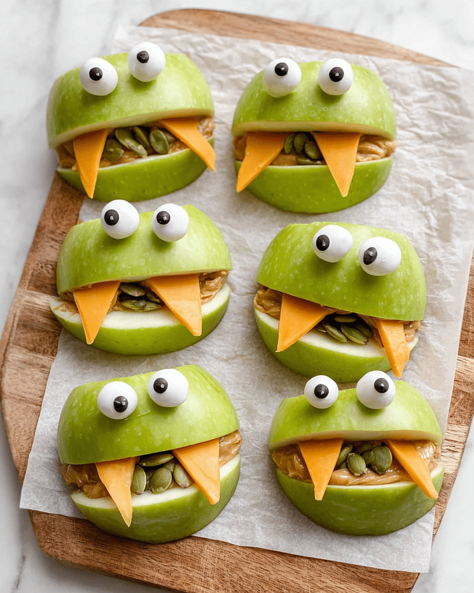 The image shows six green apple slices arranged on white parchment paper over a wooden board, each made to look like a monster face. Each apple slice is cut thick and split in the middle with peanut butter spread inside, creating a mouth. Inside the mouth are green pumpkin seeds positioned as teeth along the top edge, and an orange triangular cheese piece placed at the bottom center as a tongue. On top of each apple slice are two round white candy eyes with black dots, giving each an animated look. The background is a white marbled texture partially visible near the edges. photo taken with an iphone --ar 4:5 --v 7