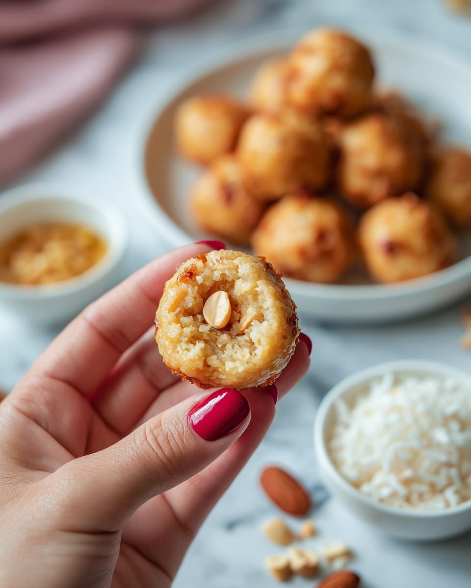 A close-up of a woman's hand holding a round, golden-brown sweet ball with a slightly crumbly texture and a peanut on top, showing the inside which looks moist and dense. In the blurred background, there is a white plate filled with more of these golden-brown balls, and around the plate, there are three white bowls containing white crumbled pieces, golden syrup, and crushed nuts, all placed on a white marbled surface. The woman's nails are painted red. photo taken with an iphone --ar 4:5 --v 7