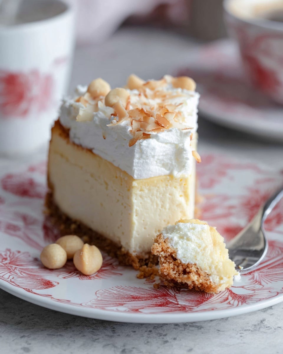 A slice of creamy cheesecake sits on a white plate with a red floral pattern, placed on another plain white plate. The cheesecake has three layers: a light brown crumbly crust at the bottom, a thick pale yellow creamy middle layer, and a fluffy white whipped topping sprinkled with toasted coconut flakes on top. A silver fork is partially visible behind the cheesecake slice. The background is softly blurred with a cake on a white cake stand and a grey bowl of nuts on a white marbled surface. Photo taken with an iphone --ar 4:5 --v 7