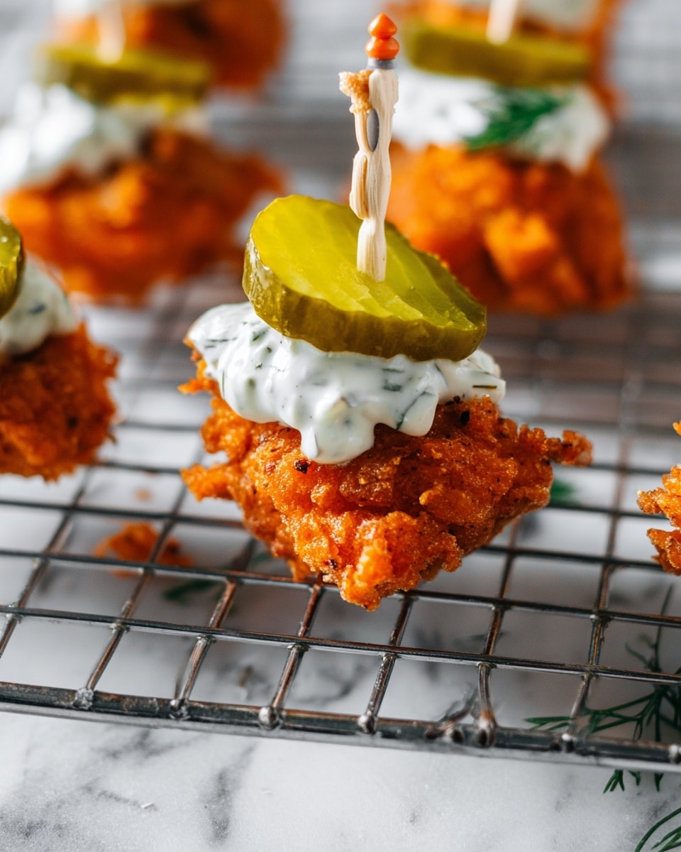 The image shows small, crispy, deep orange fried pieces placed on a metal cooling rack over a white marbled surface. Each piece has two layers on top: a dollop of thick, creamy white sauce with visible green herb bits, and a translucent bright green pickle slice pierced by a small wooden skewer with colored tips. The texture of the fried pieces is rough and crunchy, while the sauce looks smooth. The setting is bright and fresh, focusing closely on the layered snack. Photo taken with an iphone --ar 4:5 --v 7