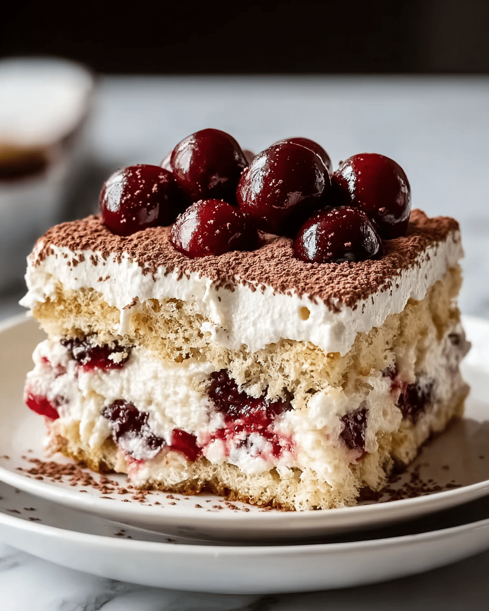 A slice of layered dessert with three main layers rests on a white plate; the bottom layer is a light brown, soft sponge cake, the middle layer is creamy white with small bits of red fruit mixed in, and the top layer is thick white cream dusted with brown cocoa powder. On top, there are several dark red cherries arranged in a small pile, adding a shiny texture to the creamy layer beneath. The dessert has a rich, moist look with visible layers of cake and fruit filling, all set against a white marbled surface. Photo taken with an iphone --ar 4:5 --v 7